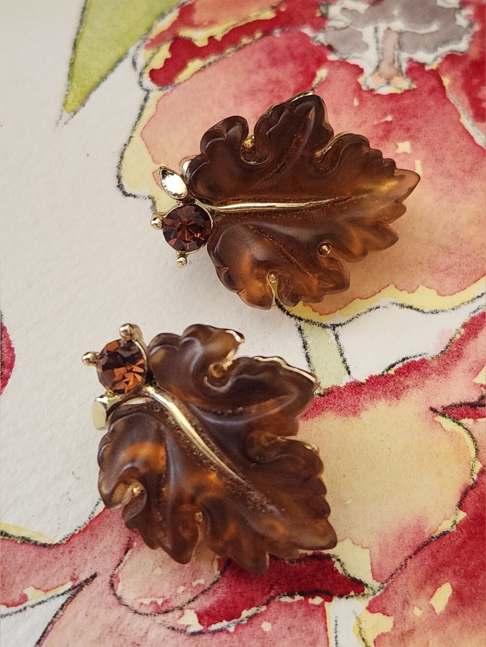 Vintage Lisner Clip On Amber Lucite And Rhinestone Leaf Earrings